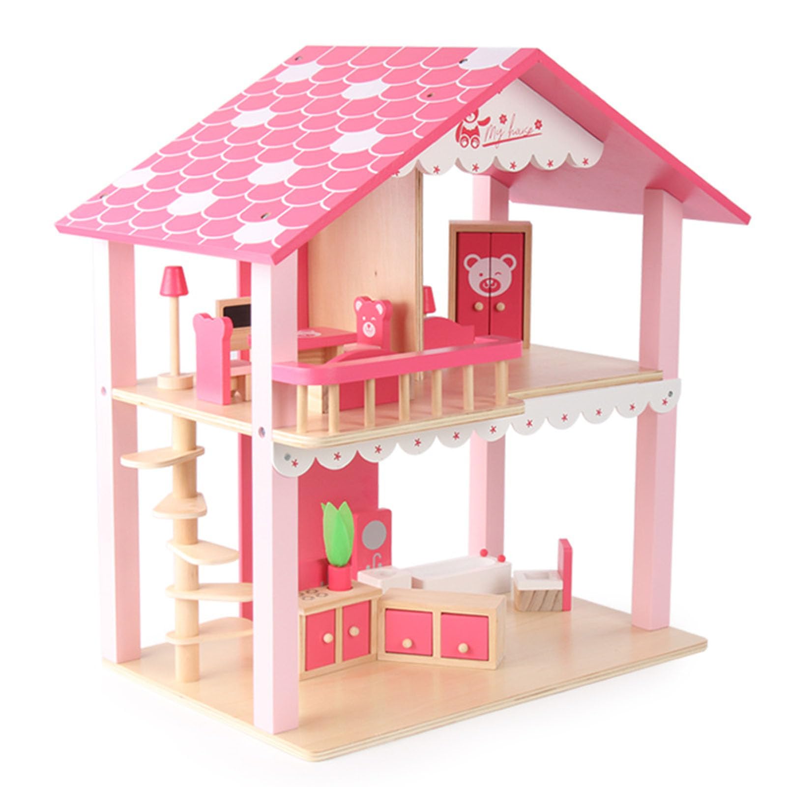 Holzspielzeug Pinker Bären-Puppenhaus, Rollenspiel-Puppenhaus