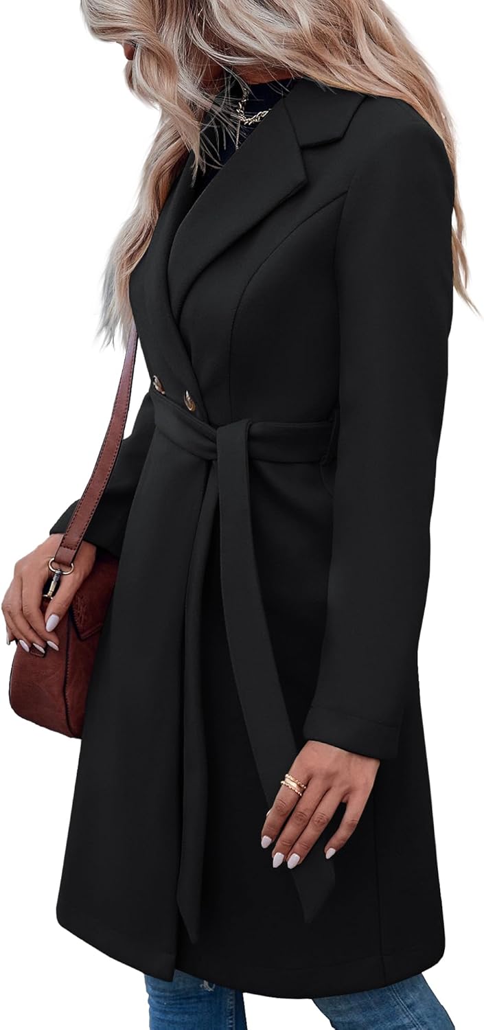 Fazortev Womens Pea Trench Coats Notched Lapel Double Breasted Belted Business Casual Jackets Outerwear - Image 4