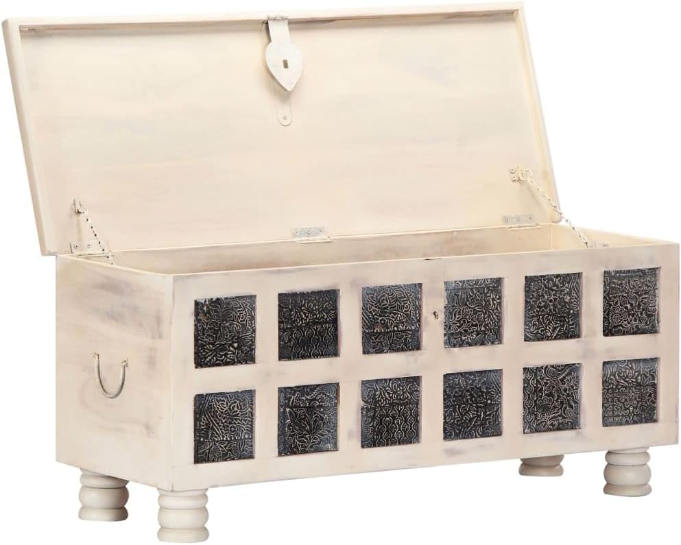 White Solid Acacia Wood Storage Chest Box, 43.3 inch Rectangular Blanket Chest, Distressed Finish Storage Trunk for Bedroom, Living Room Organization