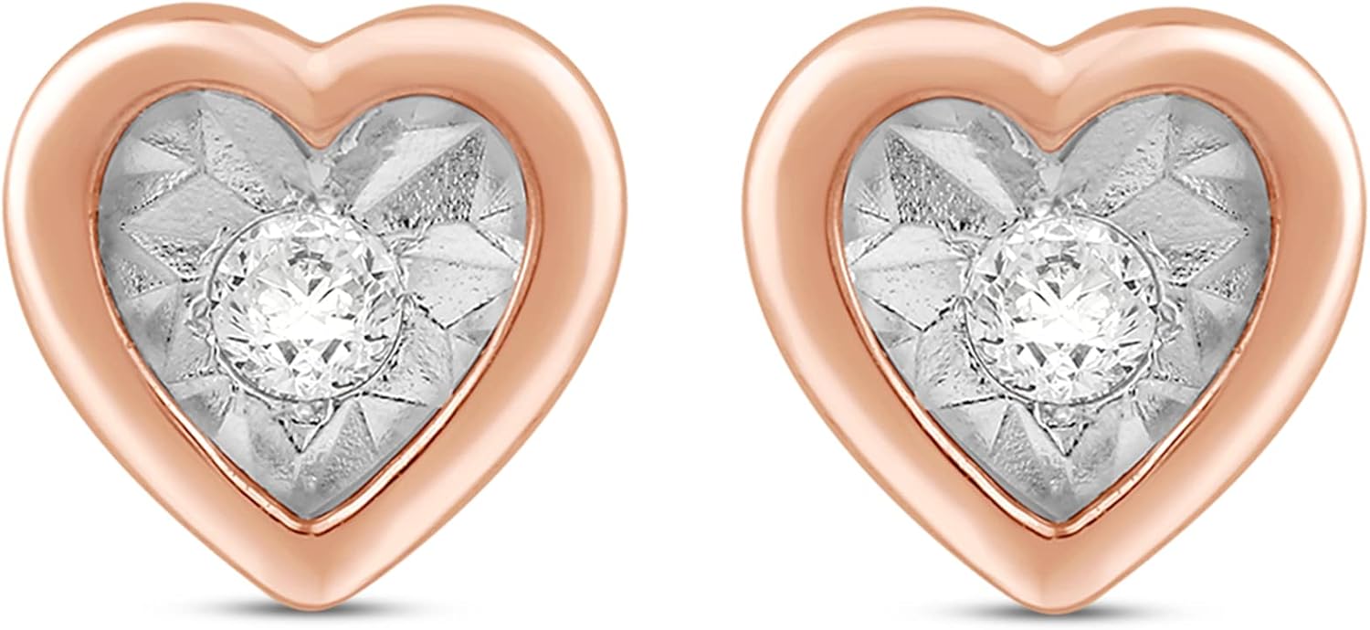 Jewelili Rose Gold over Sterling Silver Natural White Round Diamond Accent Miracle Set Heart Stud Earrings