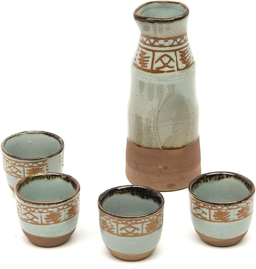 Lotocool Japanese Sake Set with Four Cups Hand Painted Oracle Style Pottery Traditional Ceramic Crafts Wine Cup