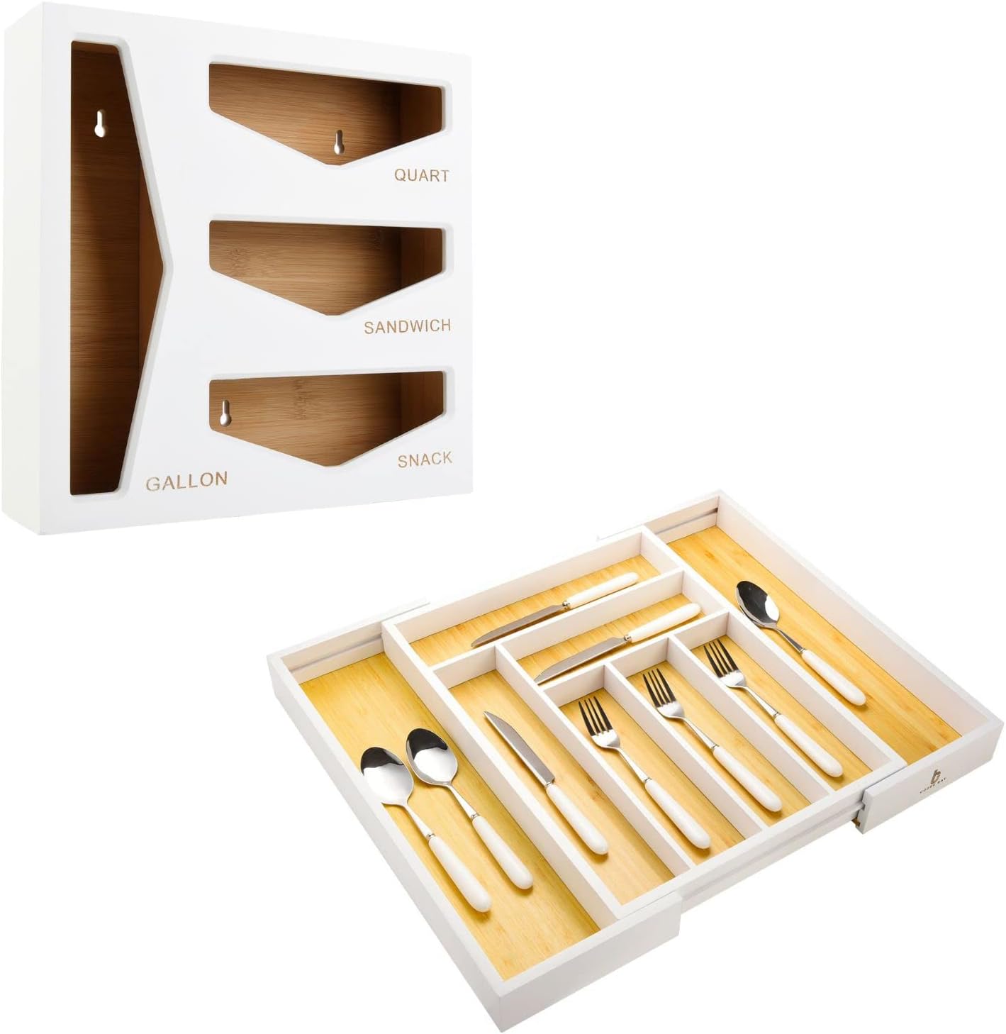 Bamboo Bag Storage Organizer and Drawer Organizer Bundle for Kitchen Drawer (White)