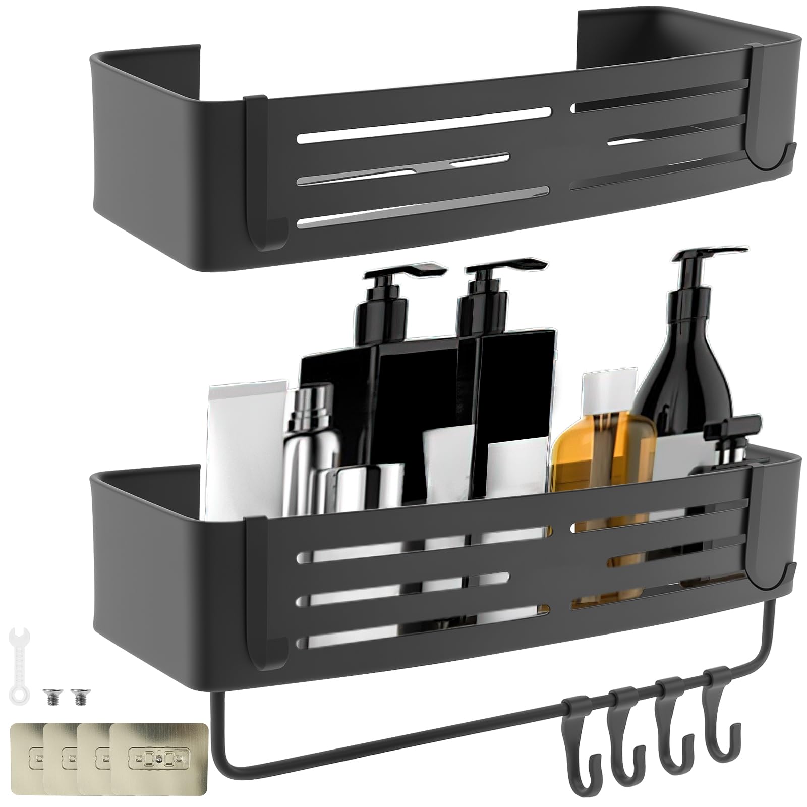 KarHoeGern Aluminum Alloy Shower Caddy with Towel Bar and 8 Hooks No Drilling Shower Shelf Space Saving Bath