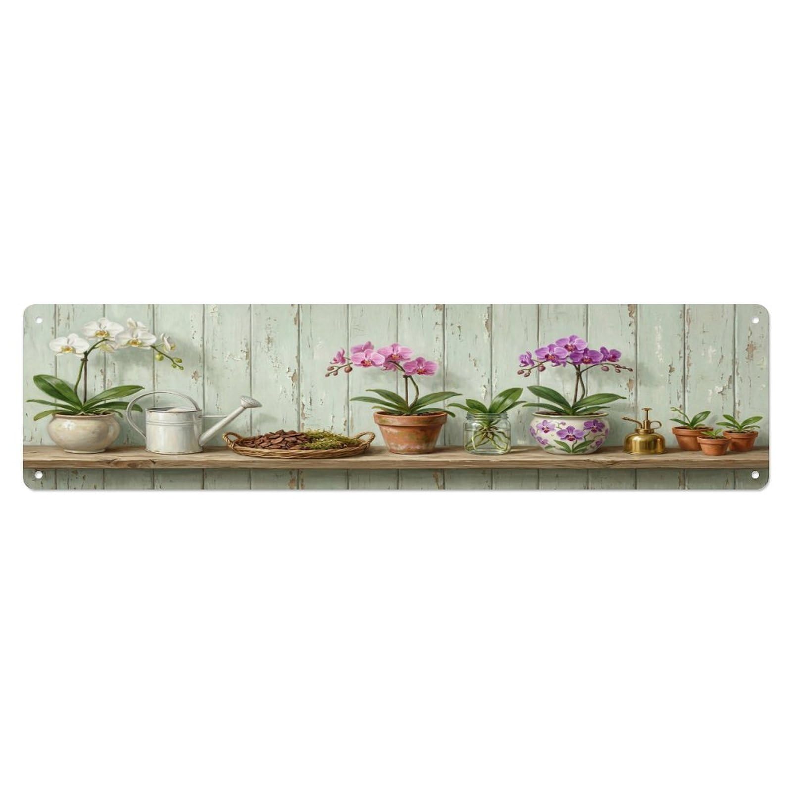 Floral Garden Tools Orchid Conservatory Pattern Print Metal Tin Sign