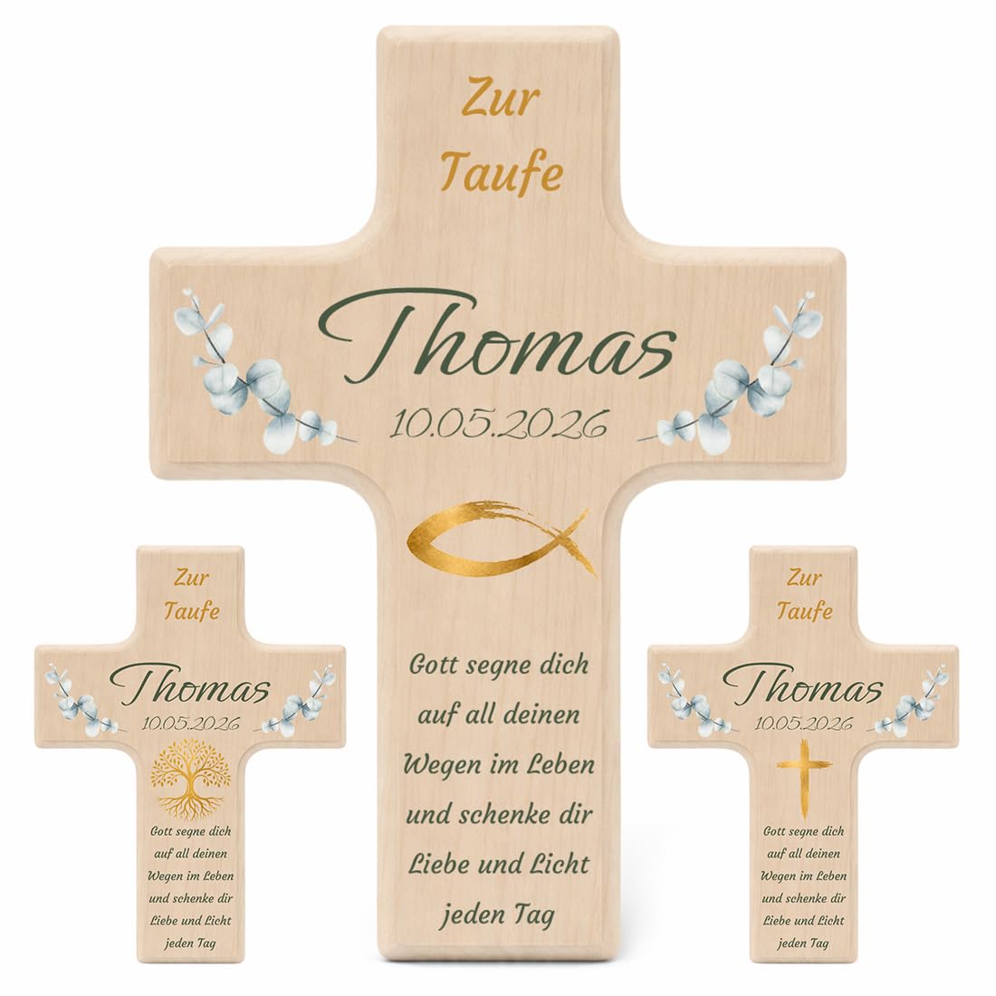 Personalisiertes Kinderkreuz zur Taufe, Kommunion & Konfirmation - Holzkreuz mit Name, Datum & Wunschtext - Christliches Kreuz für Jungen & Mädchen - Kranz Design mit Fisch, Baum oder Kreuz