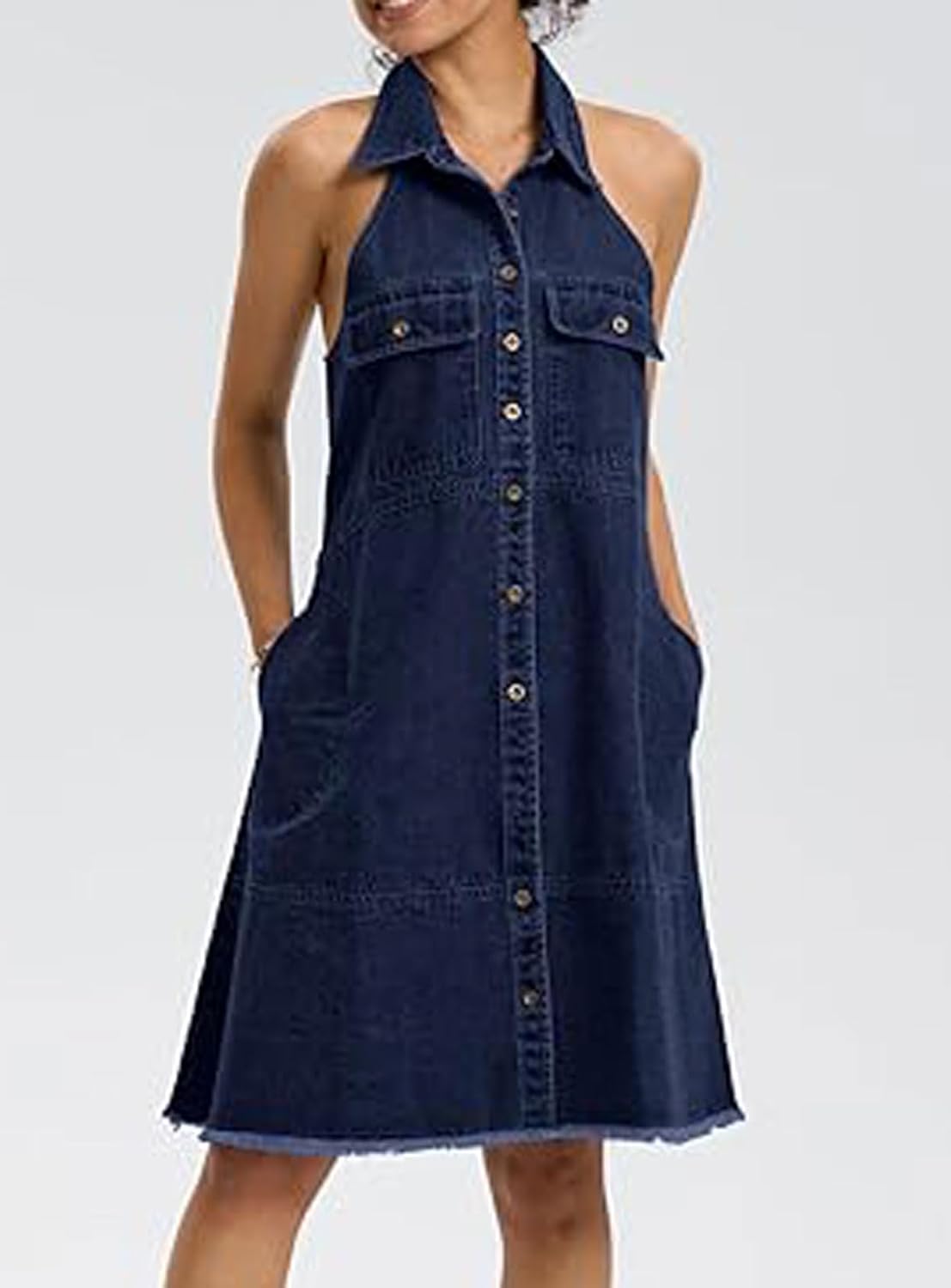 loveimgs Women Casual Sleeveless Denim Halter Dress Button Down Short A Line Shift Jean Shirt Dress Distressed Pockets - Image 4