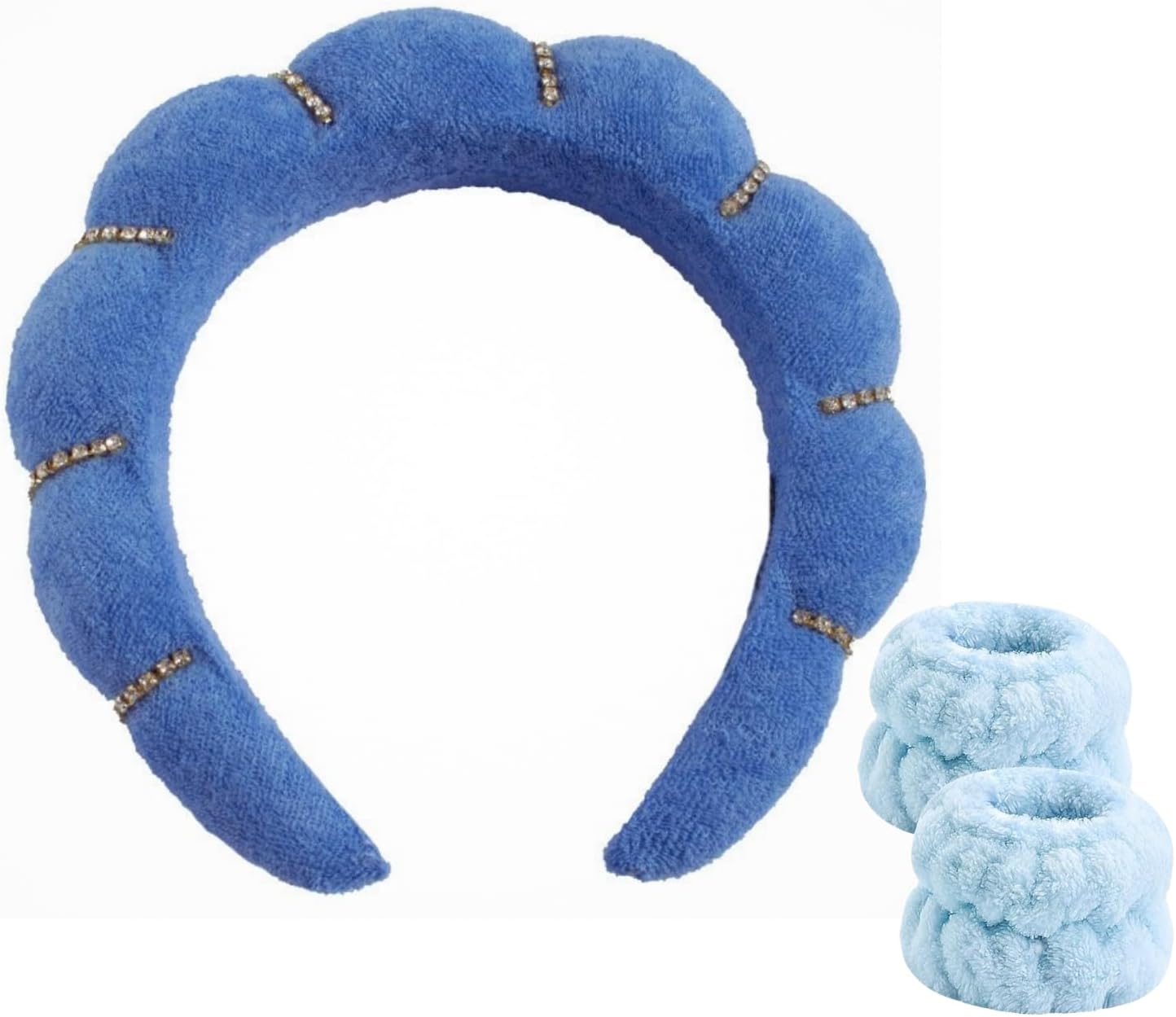Spa Headband & Wristband Set for Women Girls Skincare Companion with Soft Terry Cloth and Bubble Headbands for Face Washing, Makeup & Skin Treatments-Non-Slip, Cute & Puffy headwear Accessories-Blue