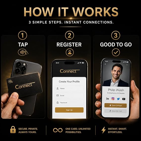 Digital Business Card NFC Business Card for Smart Networking & Contact Sharing, No App Required, Compatible with iPhone & Android | ConnectTau Gold