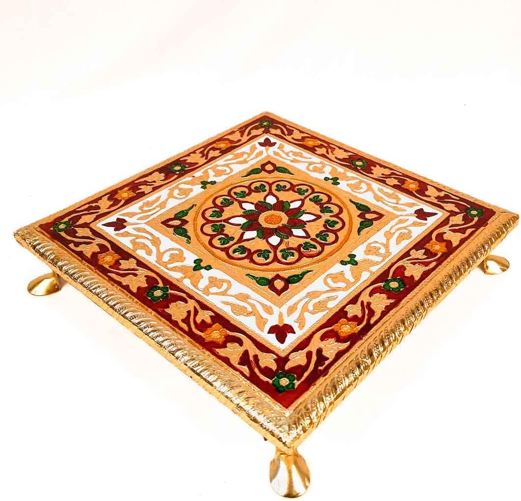 Apka Mart The Online Shop Minakari Pooja Chowki | Decorative Wooden Bajot (10 Inch/Golden) – Chaurang for Pooja at Home, Wedding, Festivals & Gifts