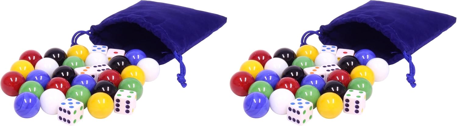AmishToyBox.com 24 X-Large Glass Marbles (22mm Diameter) and 6 Dice in Cloth Drawstring Pouch (Pack of 2)