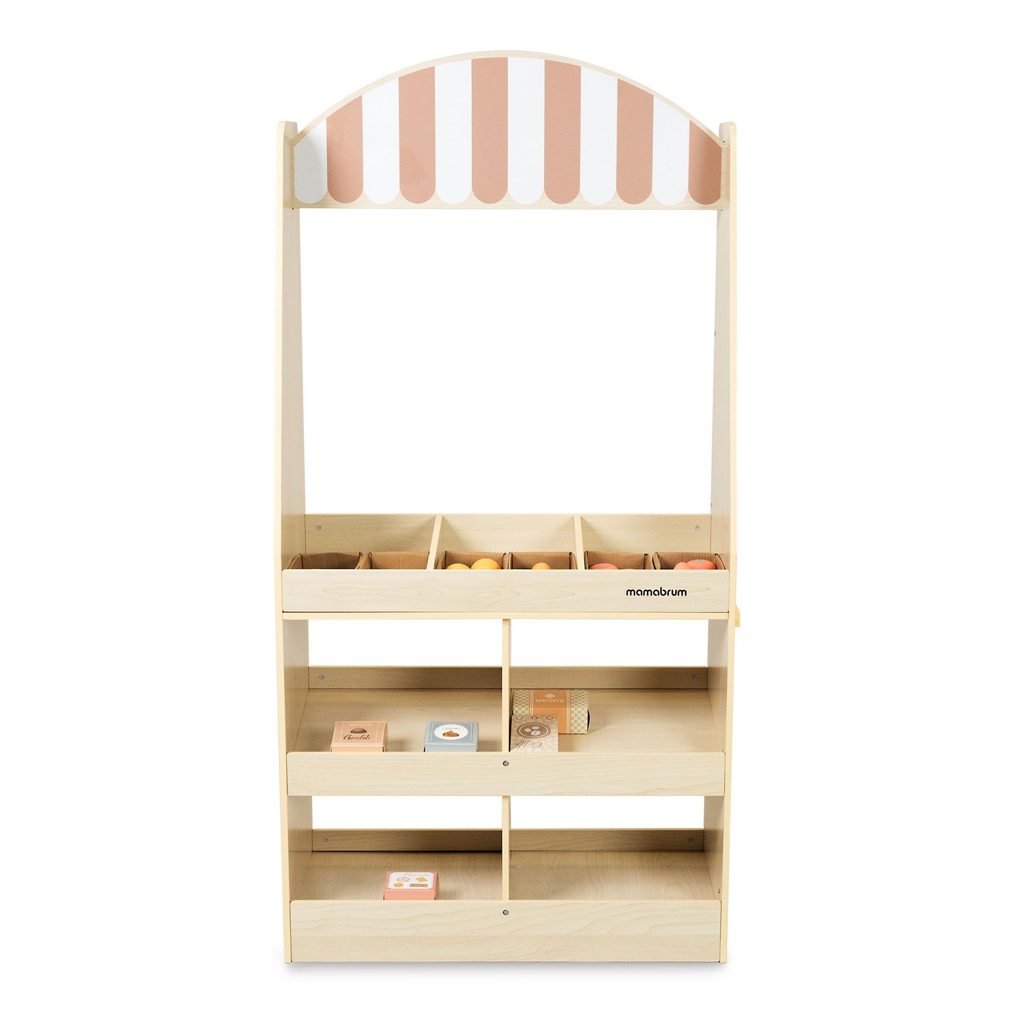 Mamabrum Grande Negozio di Legno per Bambini - 91 Pezzi per Gioco di Shopping con Lavagna, Frutta Verdura Cassa Accessori Educativi Divertimento 3+