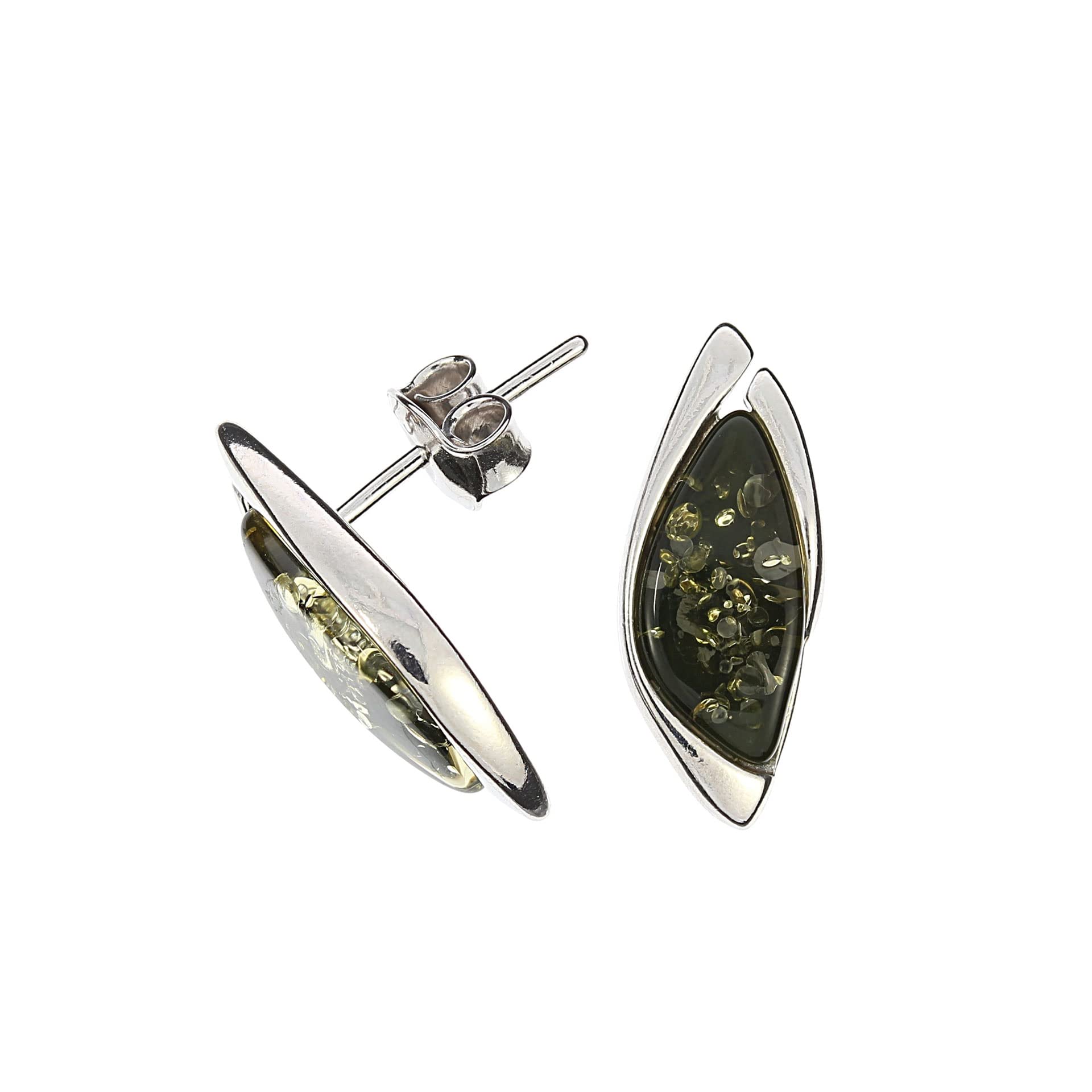 Bernstein Ohrringe, elegante grüne Ohrstecker mit Bernstein, gefasst in 925/000 Sterling Silber rhodiniert von Artisana-Schmuck