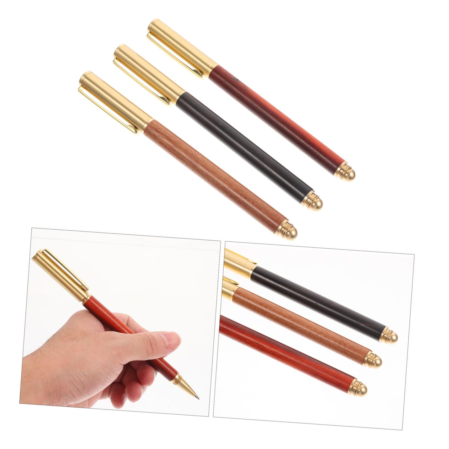 Stylo à Écrire en Bois Lot de 3, Pointe Fine, Laiton, pour Signature | Présent Rentrée, Portable, sans Rayer le Papier, pour Étudiants et Garçon et Filles