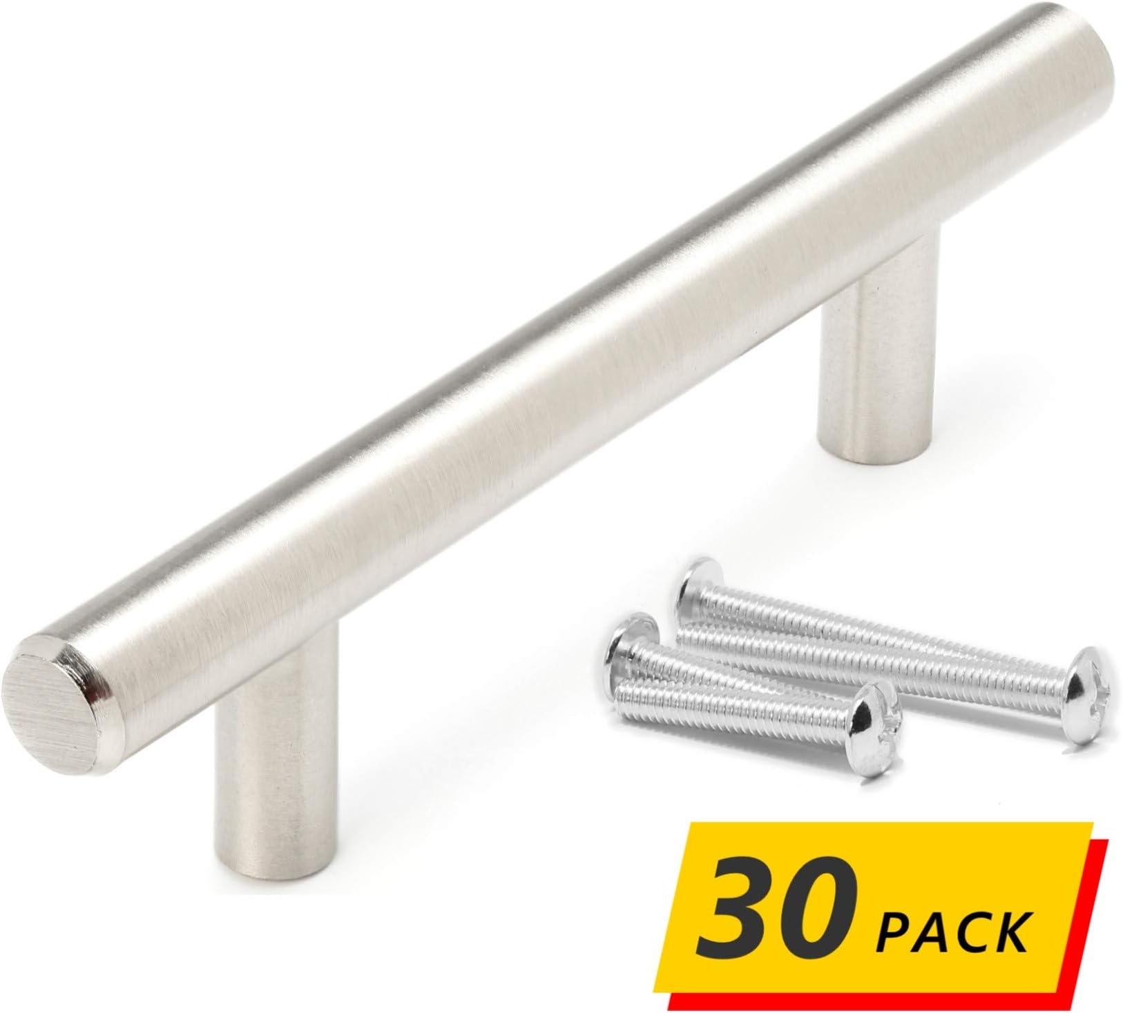 30 Pack | 5" Stainless Steel T Bar Cabinet Pulls: 3 Inch Hole Spacing | Brahmco 180-5 | Modern Euro Style Brushed Satin Nickel Finish Kitchen Cabinet Handles Hardware/Drawer