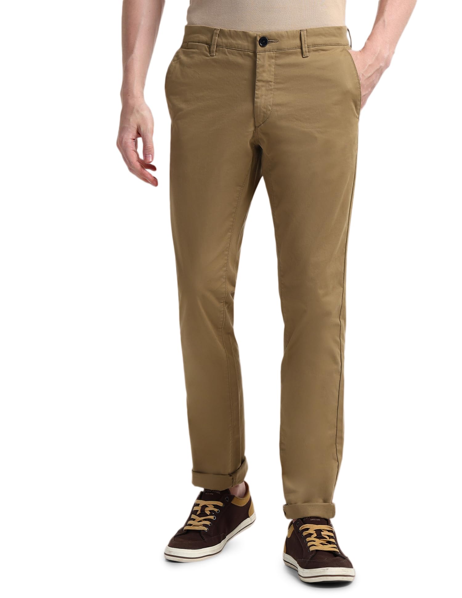 u.s. polo assn. Men's Brown Solid Mid Rise Cotton Button Slim Fit Trousers-picture-24