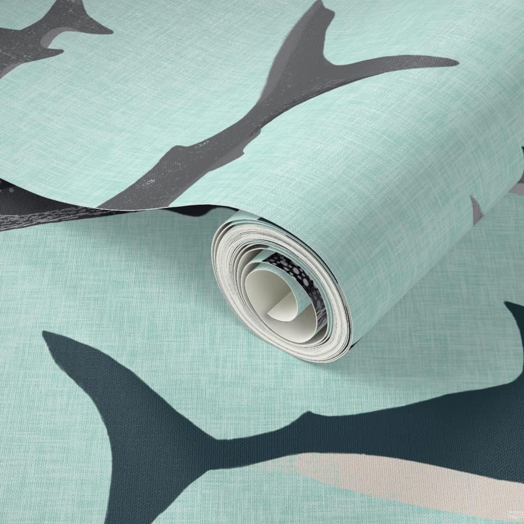 Peel & Stick Wallpaper 3ft x 2ft - Shark Mint Boys Kids Ocean Animal Sea Creature Hammerhead Great White Whales Sharks Beach Custom Removable Wallpaper by Spoonflower