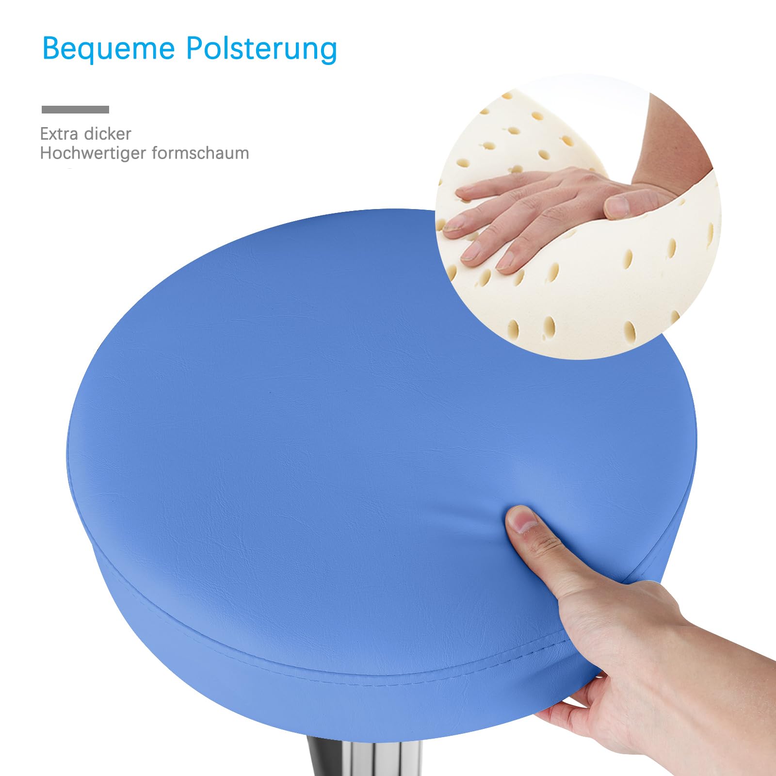 Tabouret sur roulettes réglable en hauteur 50-62 cm 180 kg pivotant 360° cuir bleu
