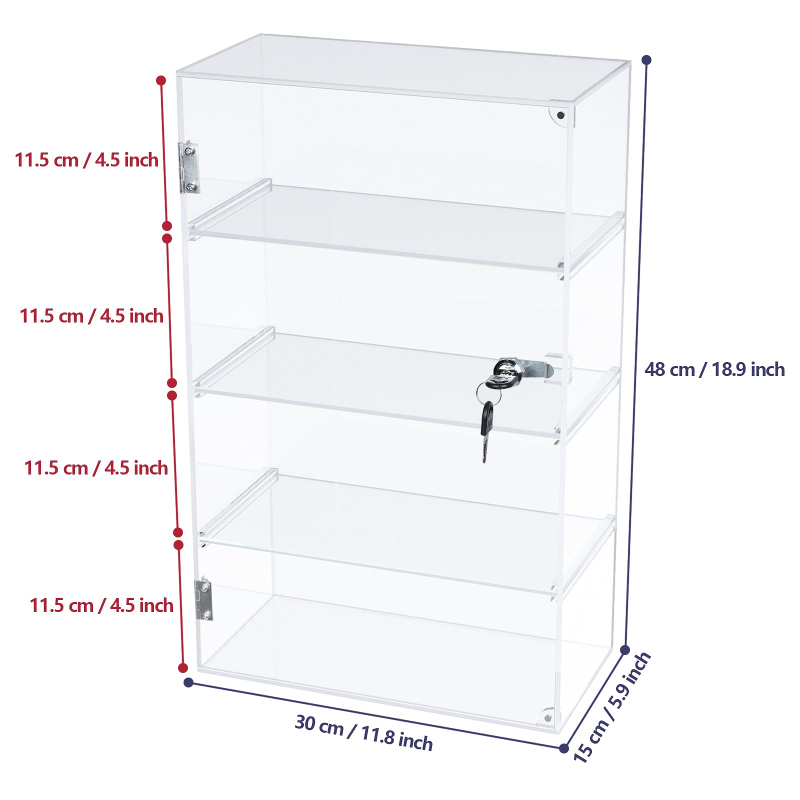 Choowin Vitrina acrílica de 4 estantes con llave de bloqueo, vitrina transparente con estantes extraíbles, almacenamiento seguro para coleccionables, 12 x 6 x 19 pulgadas