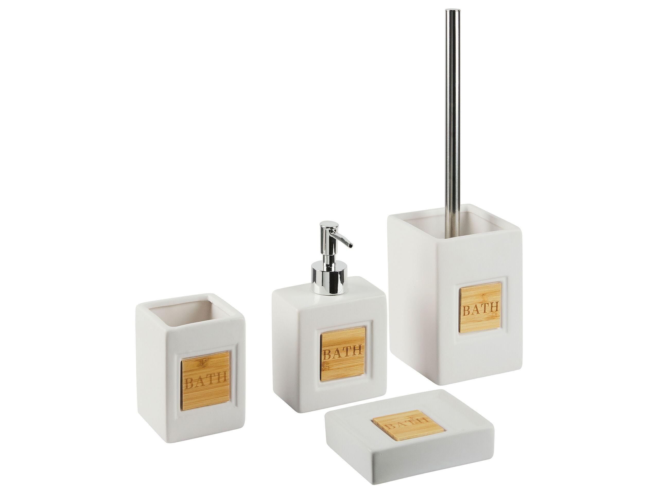 Dolomit Badezimmer-Set beige/heller Holzfarbton 4-teilig – Kourou