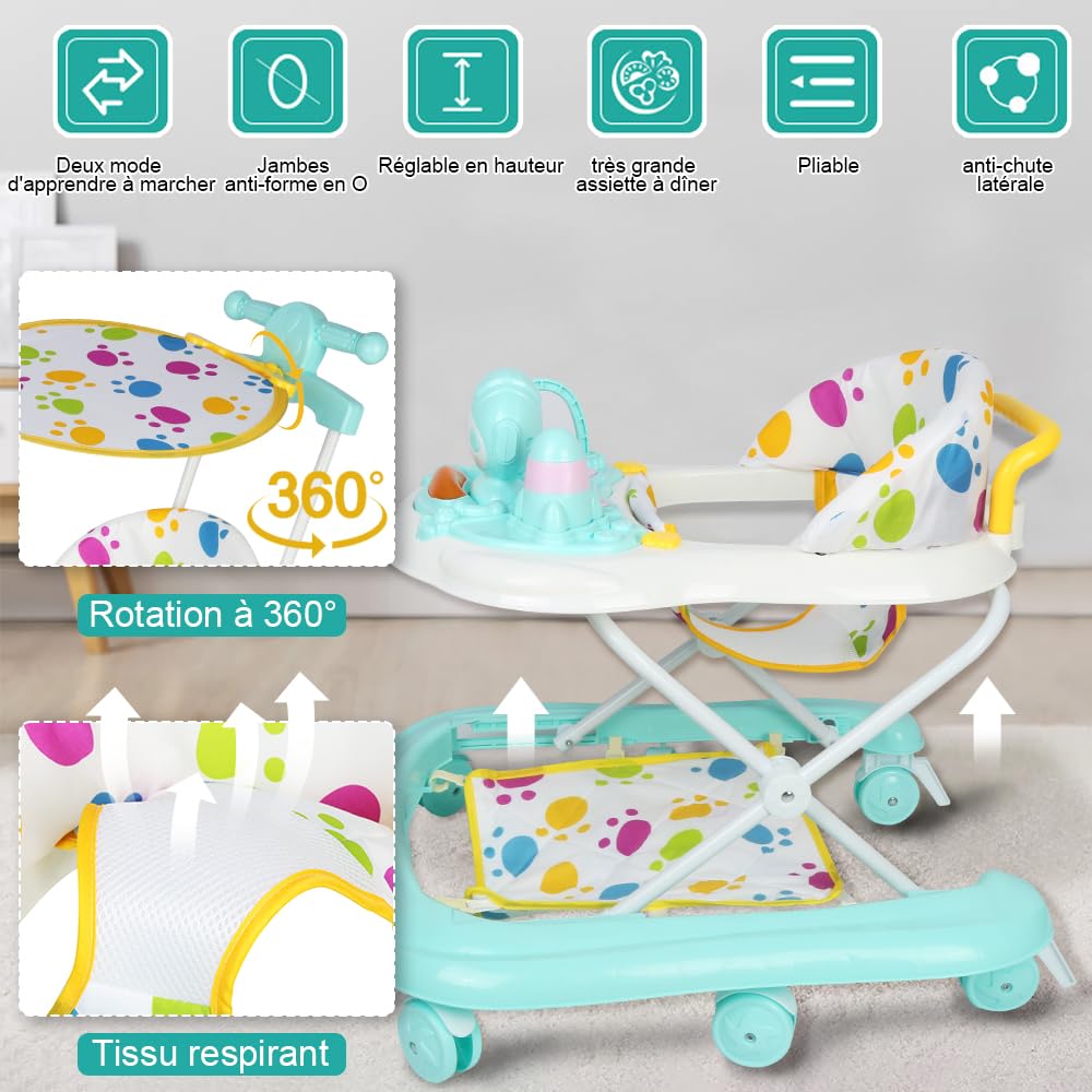 Andador Bebe Caminar Plegable, Andador de Bebé Multifunción con Ruedas Silenciosas Centro Actividades Bandeja Extraíble Antibalanceo 6-18 Meses (62 x 68 x 36-81 cm - Verde)