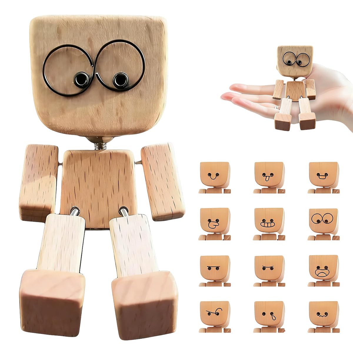 HATFRYF Shaking Wooden Man Figurine, Funny Bobblehead Woodens Figure, Handmade Shaking Feet Wooden Doll With 12 Magnetic Expressions, Interesting Decoration For Car&Home Desk