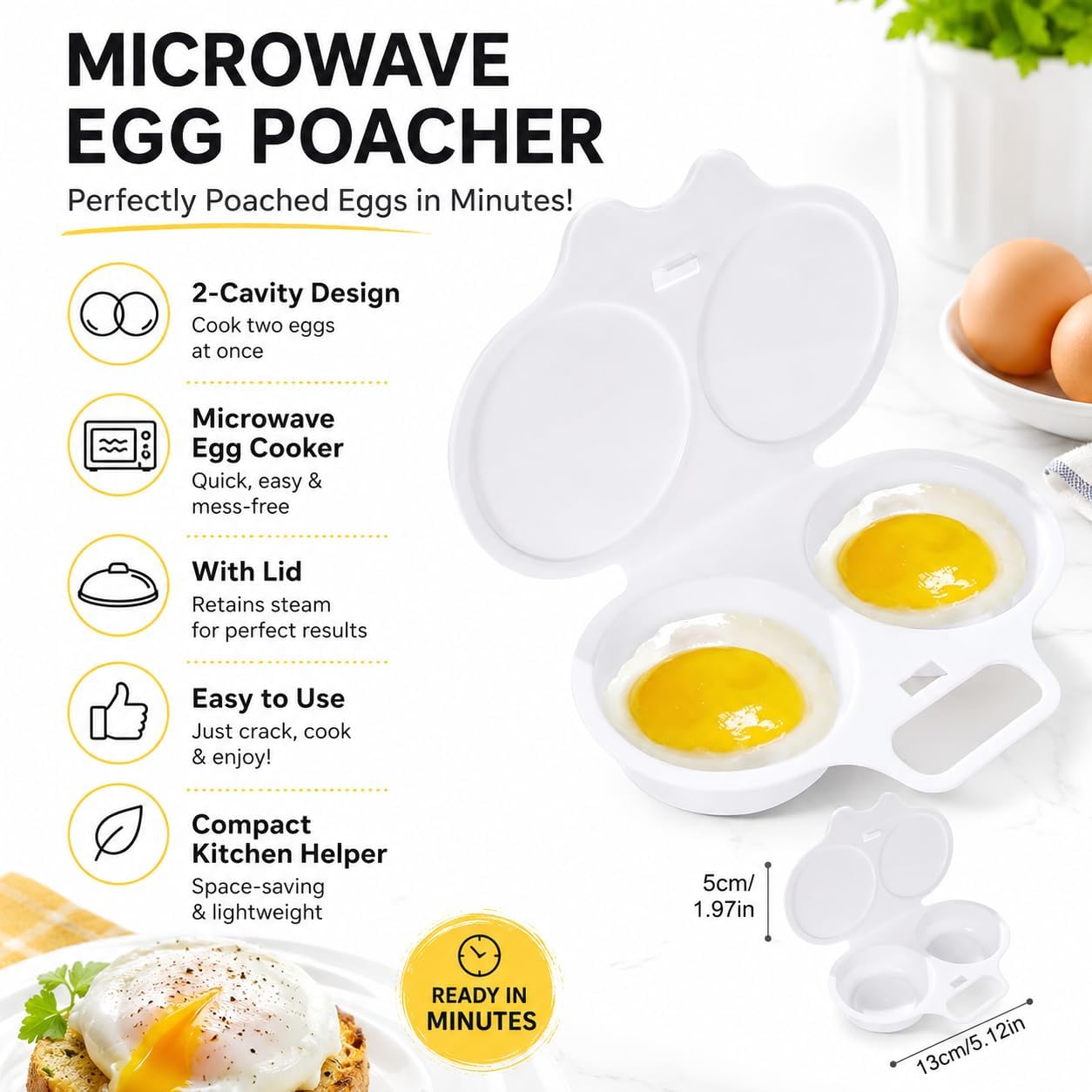 Microwave Egg Poacher, 13 x 5 cm, 2-Cavity Non-stick Cooker with Lid, Double Drain Poached Egg Cups Cookware, White