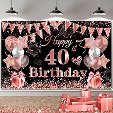 TUTUXMA 40th Birthday Decorations Black Rosegold, 40th Backdrop Banner Background Photo Booth Sign, 185×110cm Extra Large Forty Birthday Banner for Women 40th Birthday Party Decor Supplies Cover