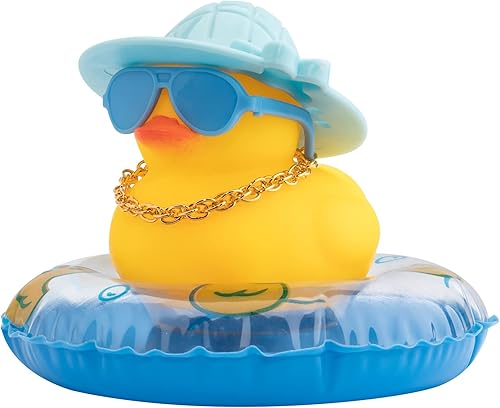 Wonuu Decoración de pato de goma para automóvil, adorno de tablero con mini sombrero de flores, anillo de natación, collar y gafas de sol