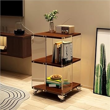 360 Rotating Bookshelf, Tall Narrow Bookshelves with Wheels, Acrylic Spinning Bookcase, Multi-Layer Storage Organizer for Home Office, Living Room, BedroomBrown,26.4IN67CM