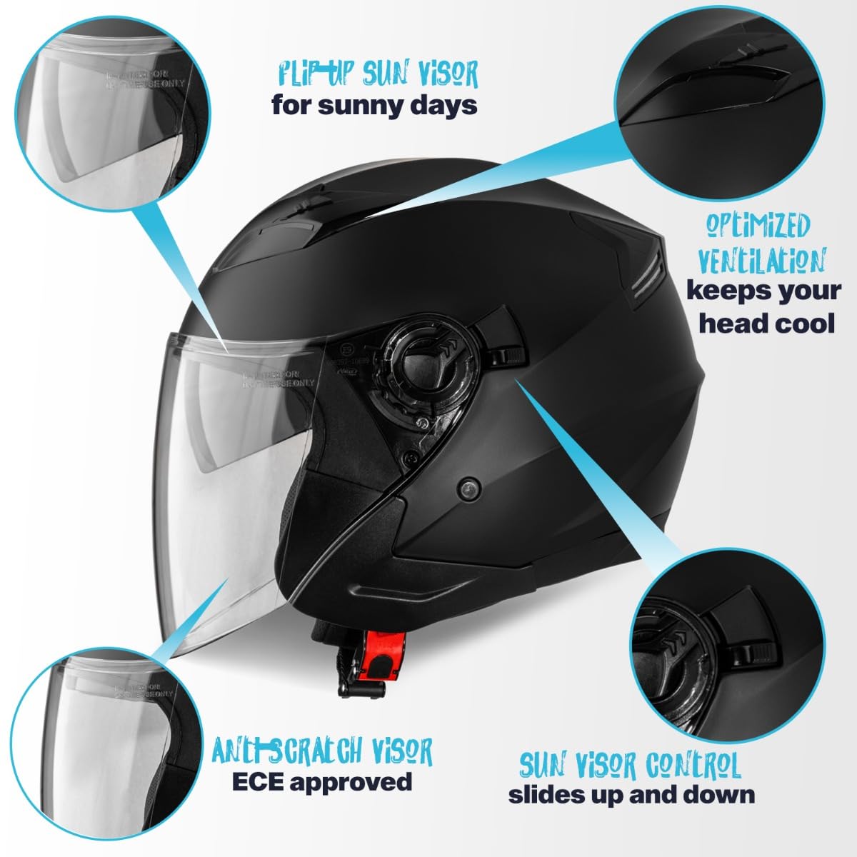 VINZ Calobra Jethelm mit Sonnenblende und Visier | Roller Helm Motorradhelm | ECE 22.06 Zertifiziert | in Gr. XS-XXL