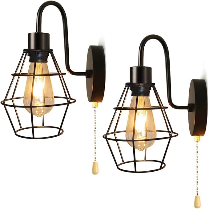 JZCDR Wandlamp E27 binnen vintage 2 stuks wandlamp met schakelaar retro lamp van metaal met trekschakelaar industriële wandspot zwart voor trappenhuis hal woonkamer (gloeilamp niet inbegrepen)