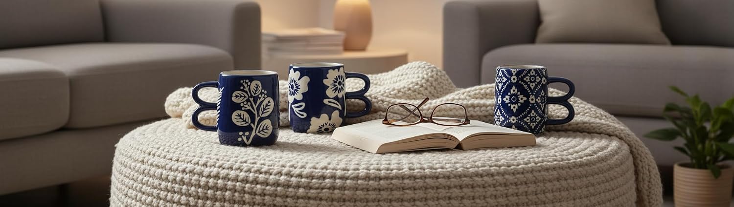 Young's Inc Stoneware Blue Espresso Mugs Set, 4oz Wax-Resist Botanical Pattern, Handcrafted Mini Coffee Cups for Kitchen Decor, 3 Assorted, 2.56 Inch