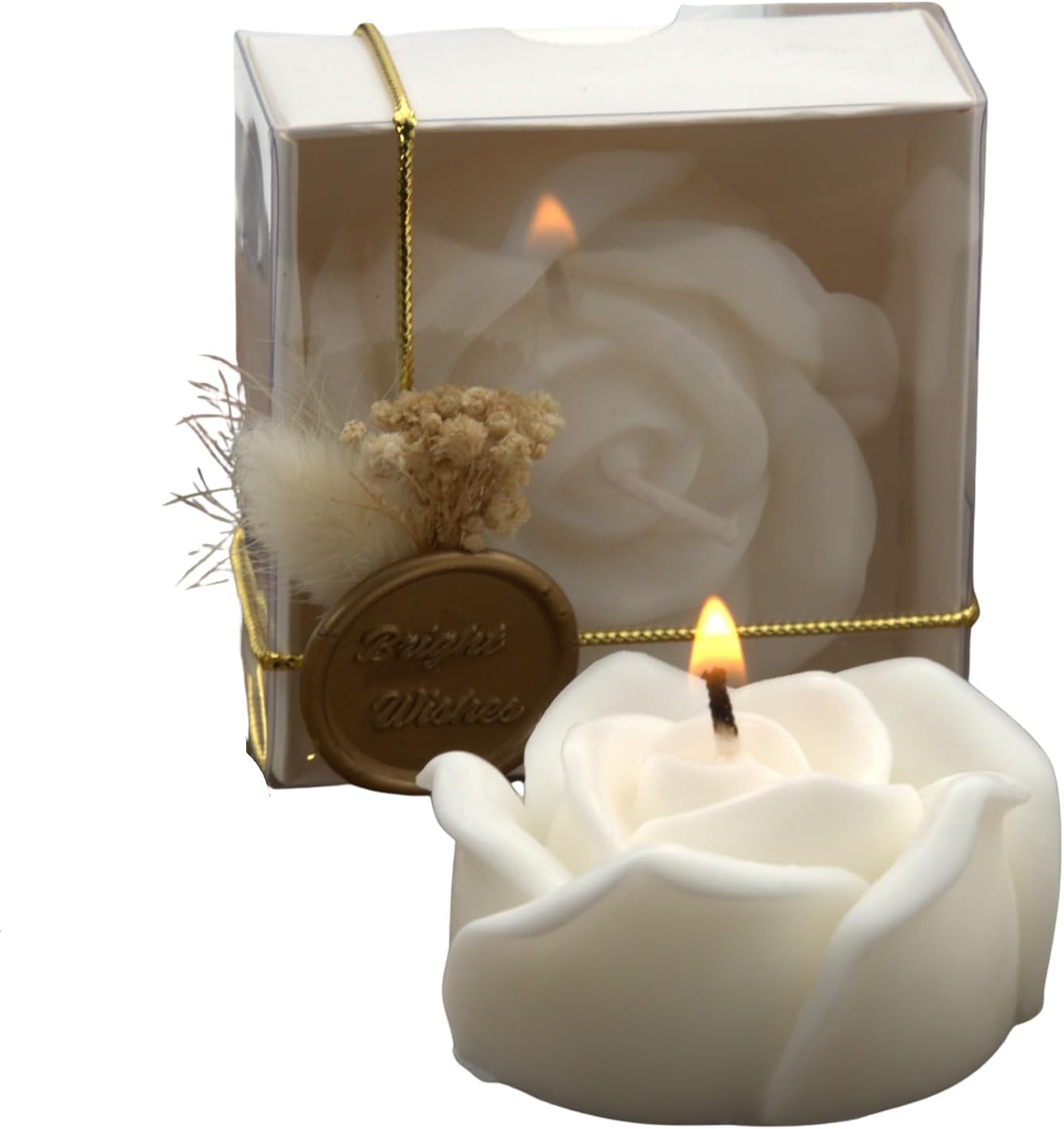 White Rose Shaped Scented Soy Wax Candle Favors with Seal Wax and Dried Flowers in Bulk (12 Pieces) - Vanilla Scented, Wax Stamp for Bridal and Baby Showers, Birthday Parties, Wedding Decorations