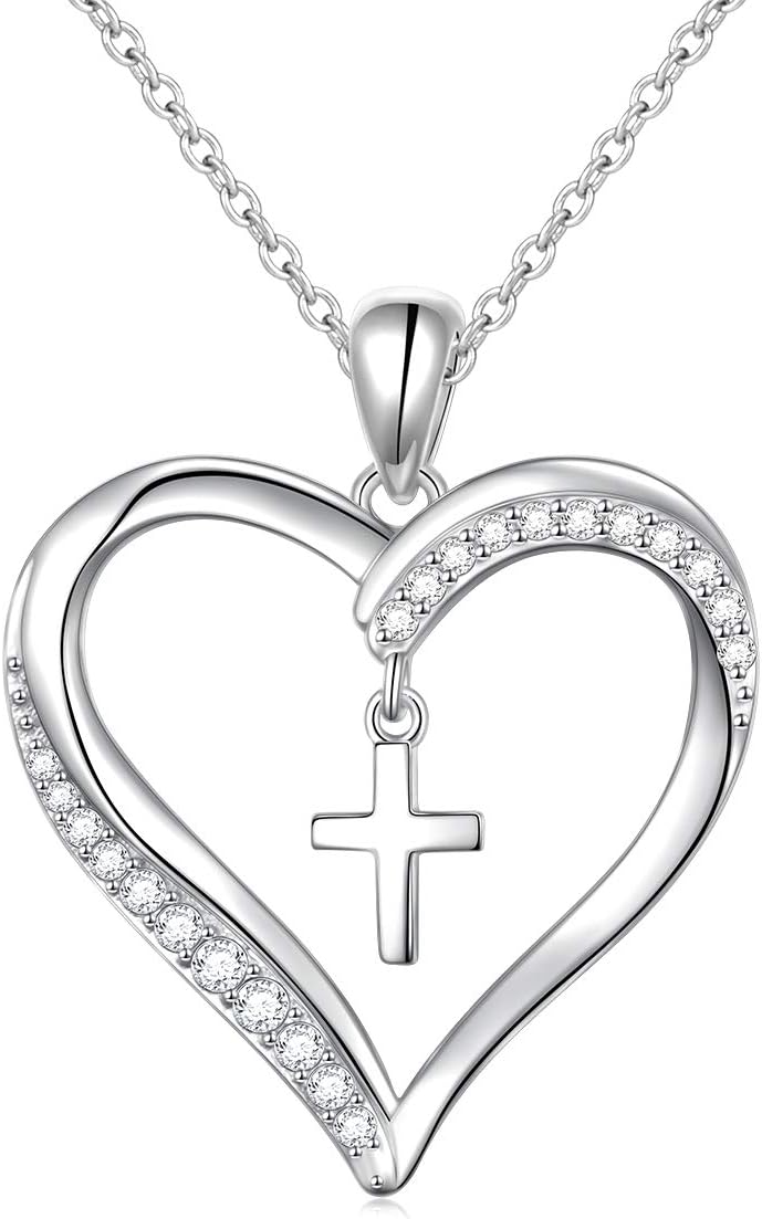 FLYOW 925 Sterling Silver Cubic Zirconia Faith Hope Love Cross Pendant Necklace for Women Teen Girls Y Lariat Necklace with Adjustable Chain First Communion Easter Gifts