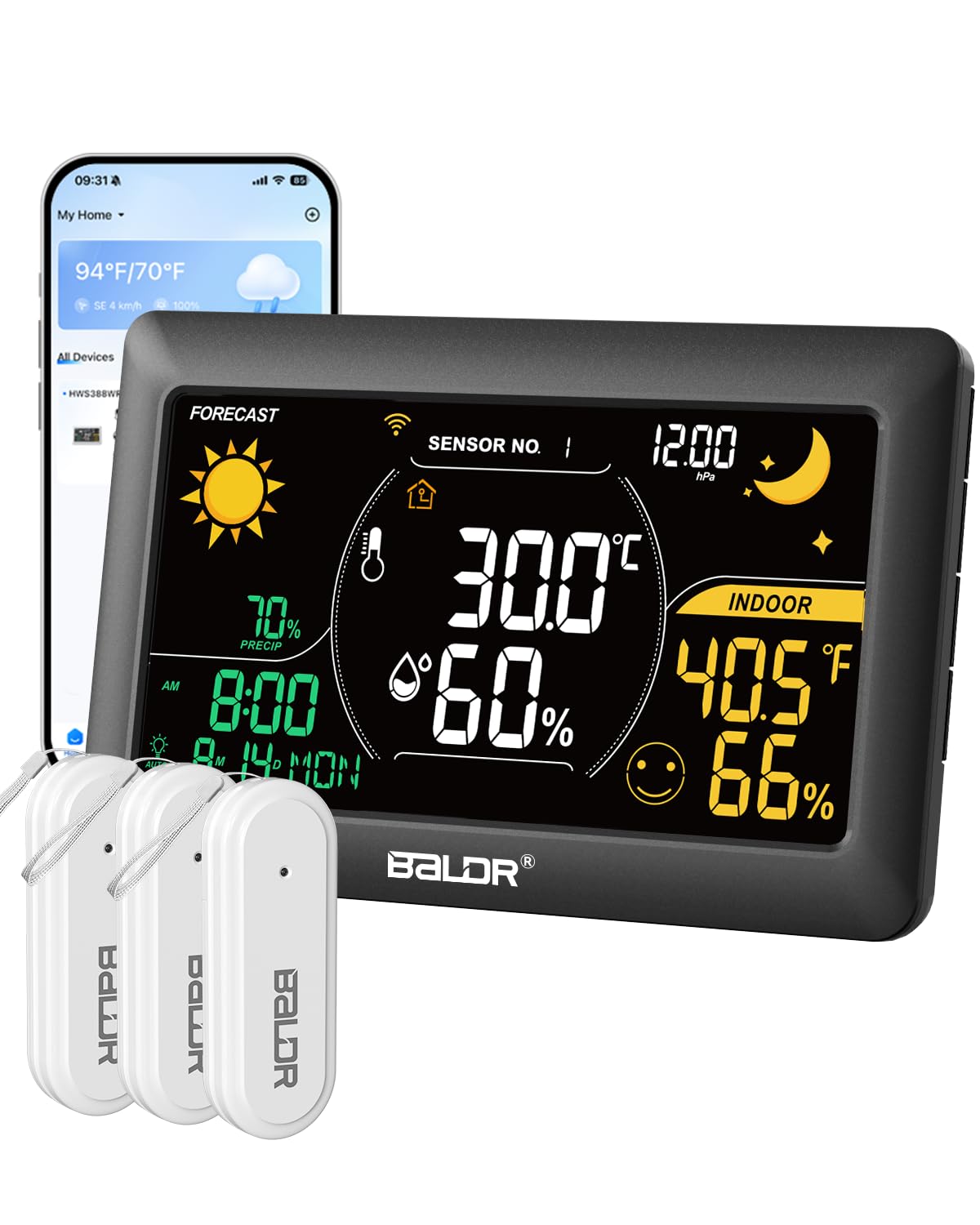 BALDR WLAN-Wetterstation mit App, 7,5-Zoll-Farbdisplay, 3 drahtlose Sensoren, kabellose Wetterstation für drinnen und draußen mit Echtzeit-Internetvorhersage