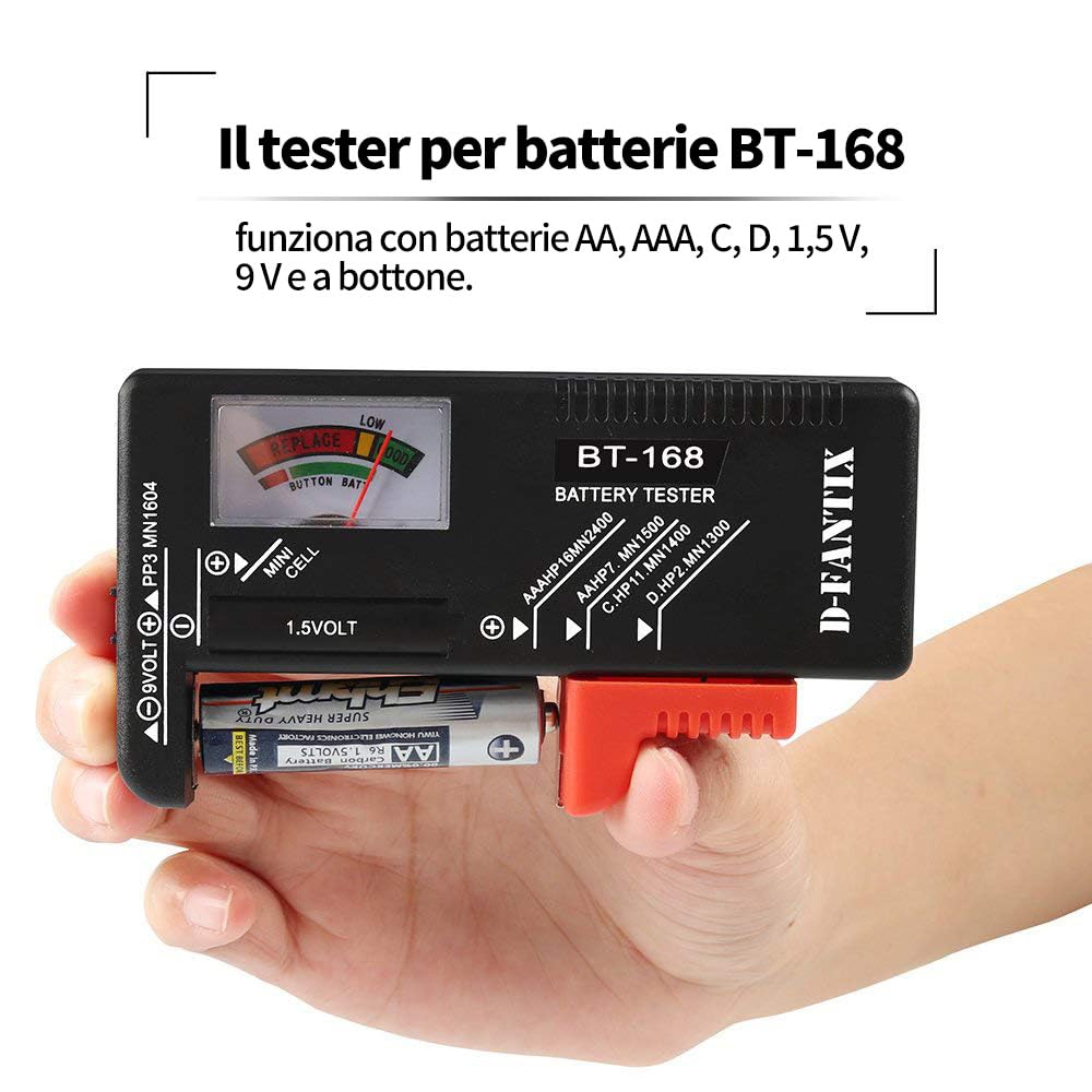 D-FantiX Tester Batteria Universale BT-168, Volt Checker per AA AAA C D 9V 1.5V Button Cell