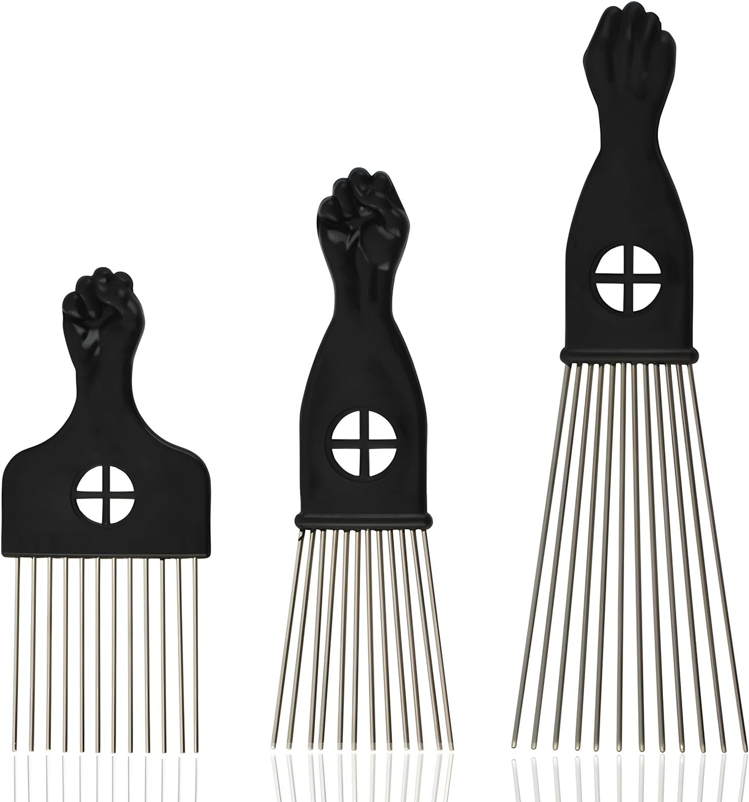 Kootinn 3-Piece Stainless Steel Afro Hair Pick Set, Fist Design for Men & Women, Perfect for Natural Curly Afro Hair, Essential Hairdressing Styling Tool