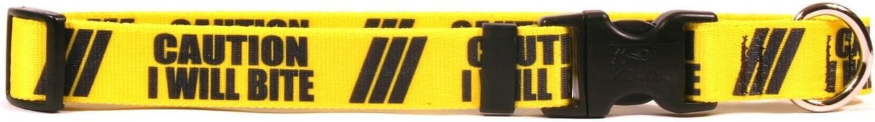 Yellow Dog Design 1" Caution I Will Bite Dog Collar 1" Wide and Fits Neck 10 to 14", Small, Yellow, Black, (BITE230)