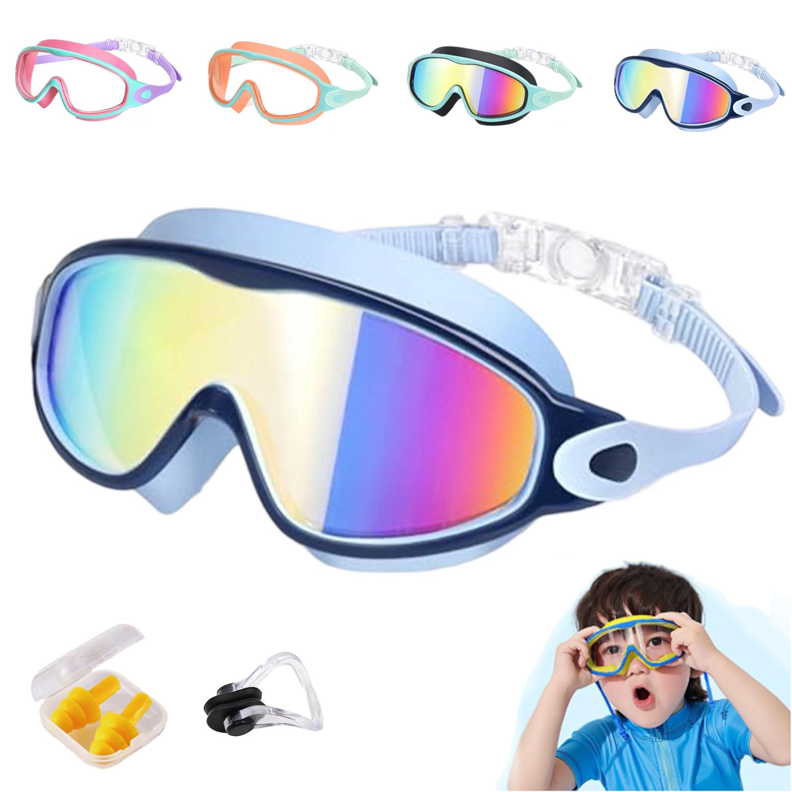 HItianya My Cool Summer Goggles, No Leaking Swim Glasses for Men Women Youth, Waterproof Anti-Fog Kids Swimming Clip on Goggle with Ears Plugs Attached for Junior Boys Girls (Black Blue Gold)