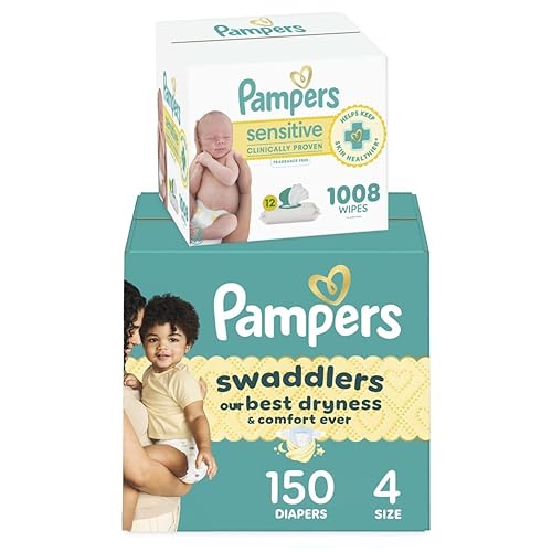 Pampers Swaddlers Pañales desechables para bebé, talla 4, 150 unidades con toallitas sensibles a base de agua, 12 paquetes abatibles (1008 toallitas