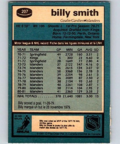 Miniatura 2 de 1981-82 O-Pee-Chee #207 Billy Smith NM++ New York Islanders Hockey J2M
