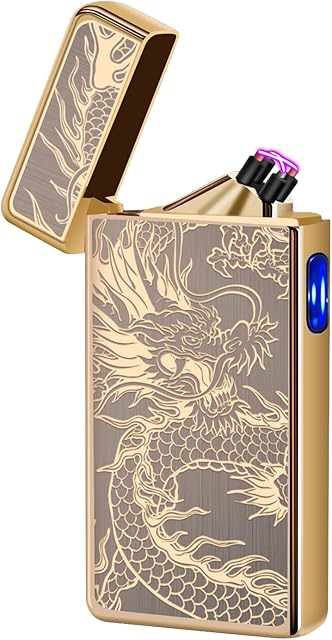 Electric Plasma Lighter with Cross X Dual Arc,USB Rechargeable Flameless Lighter with Cool Dragon Winding Pattern,Electronic Windproof Dragon Lighter(Cool Gold Dragon)