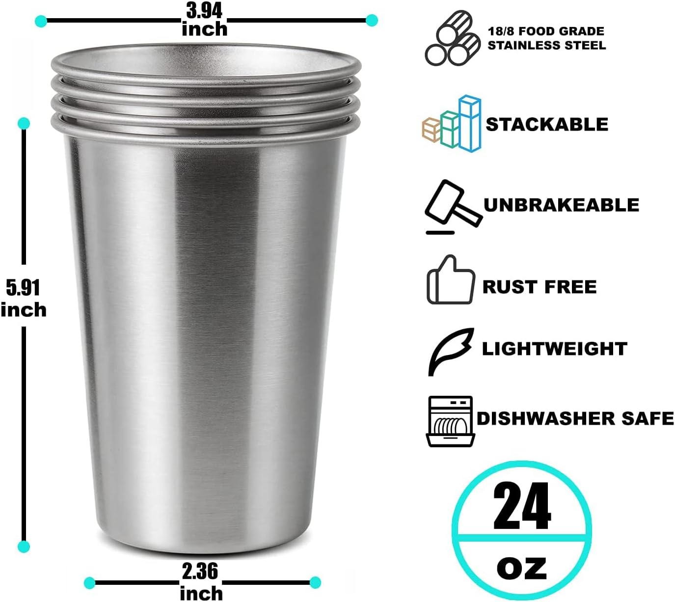 8 Pack 24oz Stainless Steel Pint Cup,Healthy Unbreakable and Stackable,Metal Drinking Glasses - Image 2