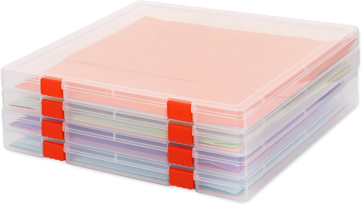 JarThenaAMCS Scrapbook Paper Storage Box 12.7 x 12.4 x 1 Inch Clear Plastic Organizer for Craft Letter Paper Cardstock Documents Office School Supplies, 4 Pack