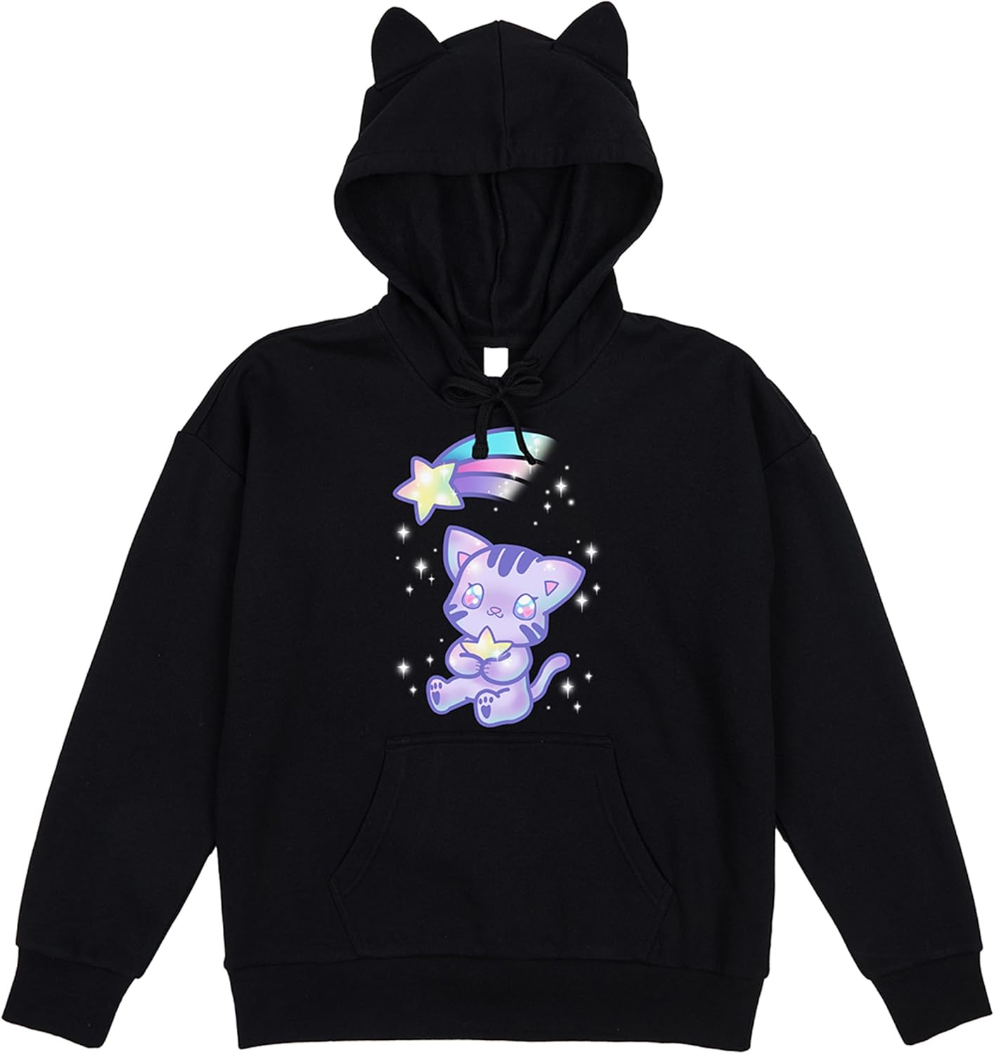 Bioworld Cat Ear Kawaii Cat and Shooting Star Cosplay Women's Black Hoodie with Ears