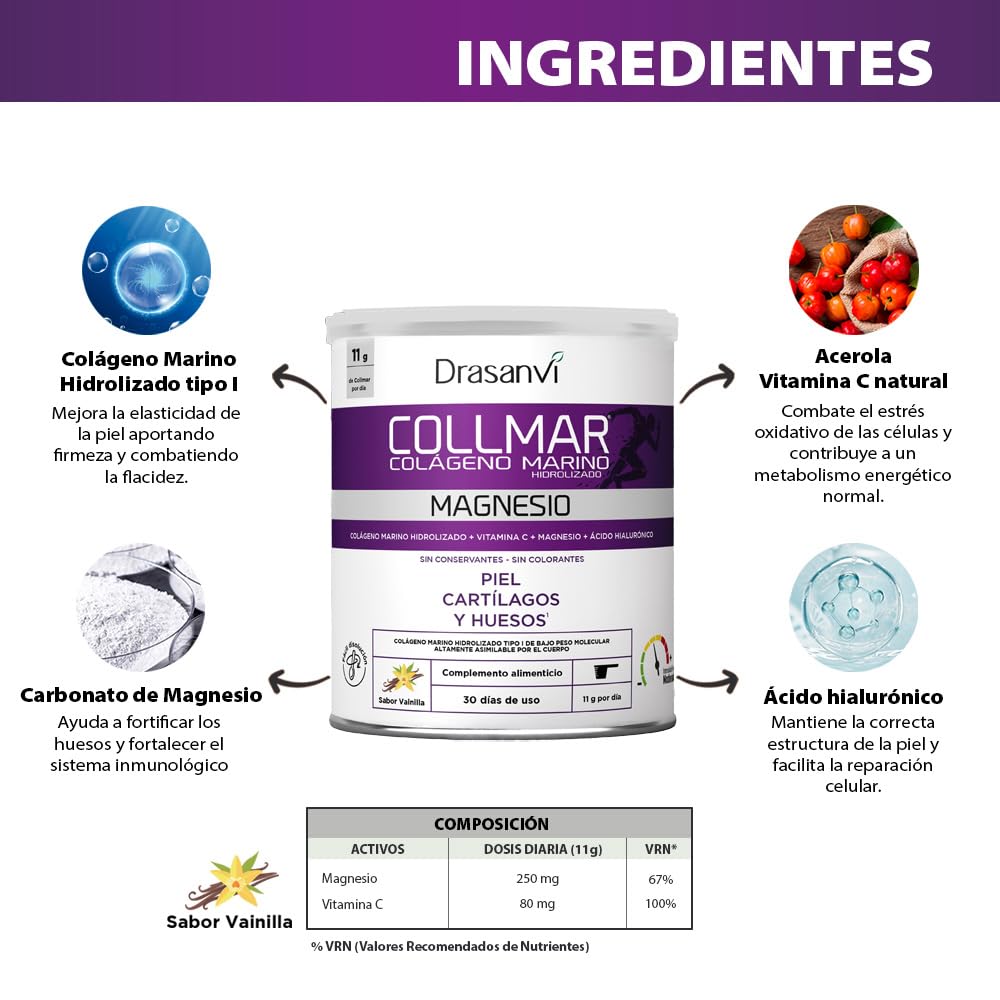 DRASANVI COLLMAR COLAGENO HIDROLIZADO con Ácido Hialurónico, Magnesio y Vitamina C Natural - Huesos, Articulaciones y Piel - Colágeno Marino 9.717 mg/día | 2 X 340 GR = 60 días | Sabor Vainilla