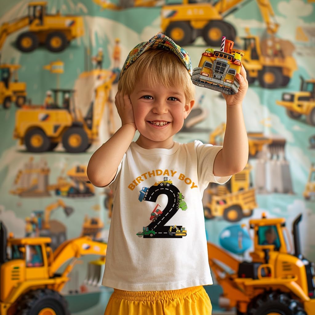 2-6 Years Birthday Boy Shirts Construction Excavator Cotton Short Sleeve T Shirt - Image 3