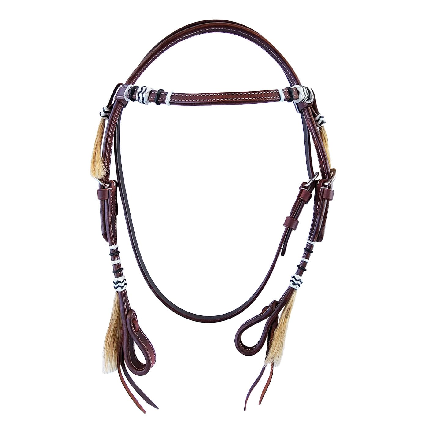 Brama West Western-trense "Wyatt" – Elegante scocca in pelle dal classico stile western – con cuciture bianche a contrasto, decorazioni Rawhide e nappe per capelli di cavalli – marrone, con pale (Cob)