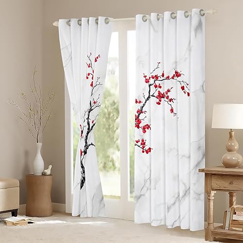 Miniatura 4 de Cortinas de ventana con flores de cerezo para dormitorio, cortinas de mármol blanco y gris, para sala de estar, para niñas y mujeres, cortinas