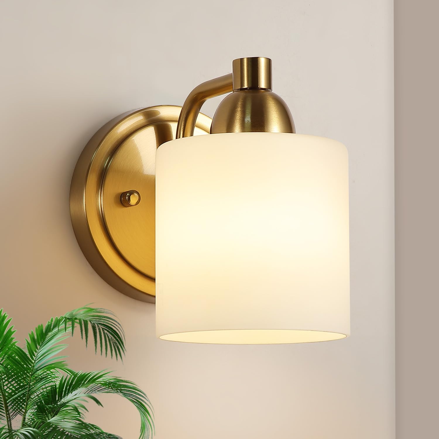 Mecgirn Gold Milk Glass Wall Sconces, 1 Pack Hardwired Indoor Wall Light Fixtures for Living Room, Hallway, Bedroom, Ceramic E26 Sockets (Bulbs Not